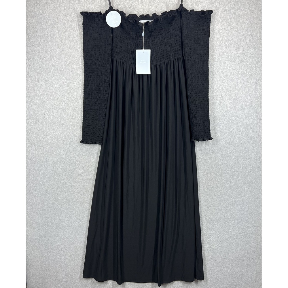 Hill House Home The Catalina Nap Dress Womens L Black Smocked Off Shoulder NWT - Picture 3 of 11